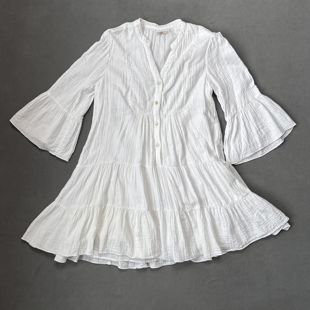 Faherty Dress Womens Medium White‎ Kasey Bib Tiered 3/4 Bell Sleeve Cotton Beach